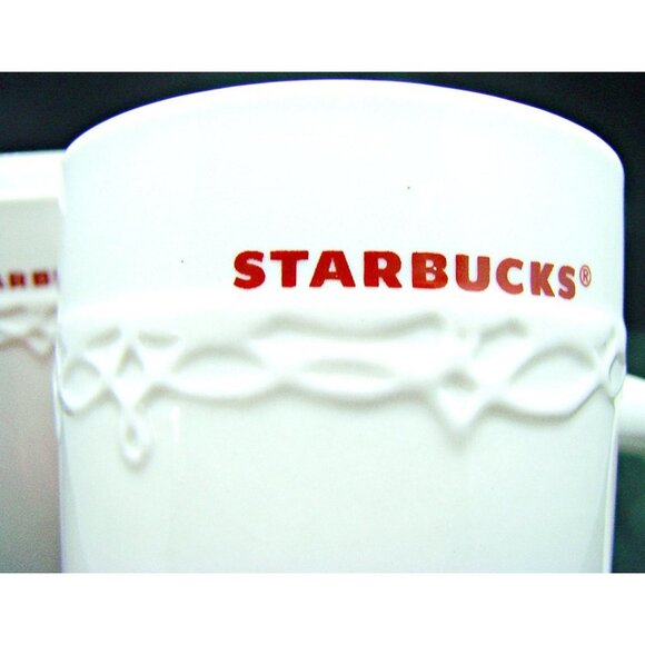 Set of Starbucks 2010 Embossed Lace 10 oz Coffee Tea Mugs Cups White Red Set 2 - Picture 9 of 9